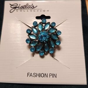 Vintage Gisela Collection- Flower Brooch in Blue Rhinestones & Mixed Metals